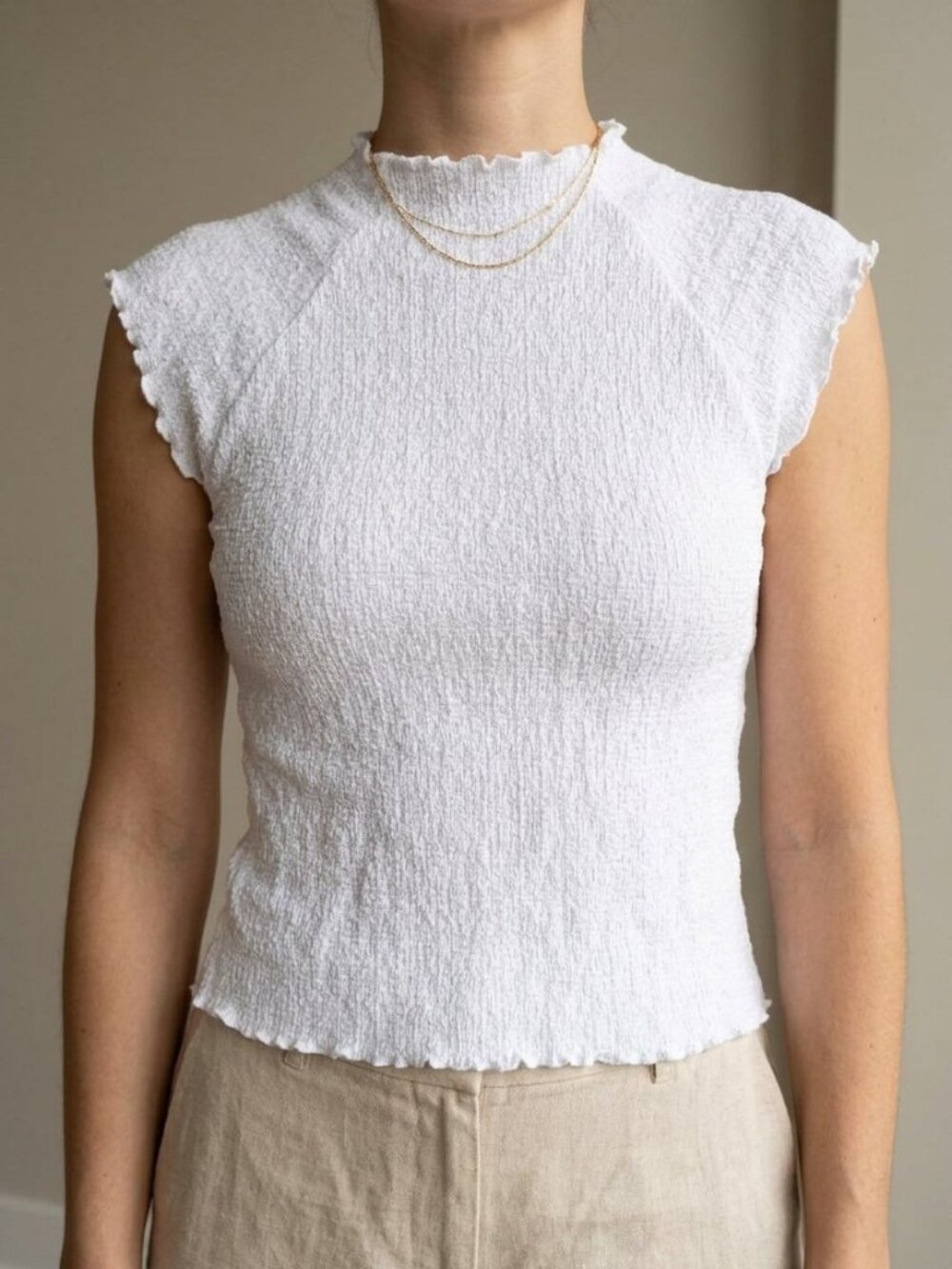 Madewell Smocked Mockneck Tank Top White Lettuce Trim NWT | Size S